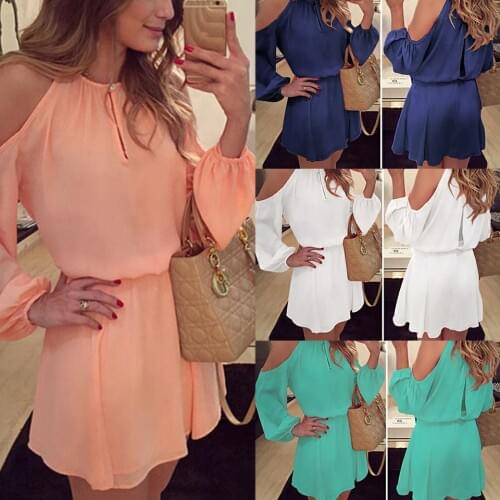 Cold Shoulder Long Sleeve Pleated Chiffon Dress Sukienka A Line Women Keyhole Dress Party Night Short Elastic Waist Dress Solid