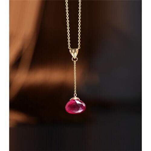 DAIMI Faceted Water Drop Ruby Pendant Womens Day Genuine Natural Yellow 18K Gold Clavicle Necklace Custom