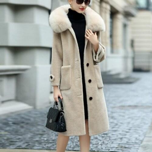 Winter Real Sheep Shearing Coat Women Fox Fur Collar Jacket for Womens Clothing Abrigos Mujer Invierno 2020 YY766