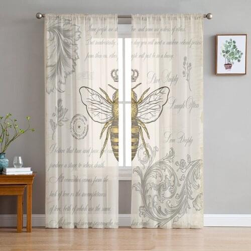 Bee Crown Retro Sheer Curtains for Living Room Bedroom Kitchen Tulle for Windows Voile Drapes Home Decoration