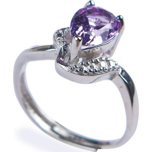 Genuine Natural Purple Crystal Quartz Transparent Stone Bead Adjustable Size Lady Nice Stering Sliver Ring 10*7*4mm