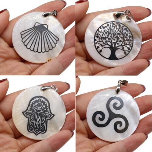 Fine Hamasa Hand Natural Mother-of-pearl Pendants Round Tree of Life Shell Charms for Jewelry Making Earring Necklace 45mm
