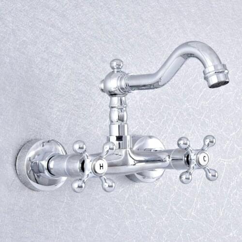 Polished Chrome Brass Wall Mounted Dual Handle Bathroom Kitchen Sink Faucet 360 Rotate Swivel Basin Mixer Tap Bathtub Faucet