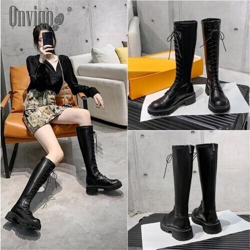 Qnvigo High Boots Lace-up Long Knee High Women Chunky Heel 2021 New Boots zipper Boots 32-43 Size Female Women Shoes Fashion
