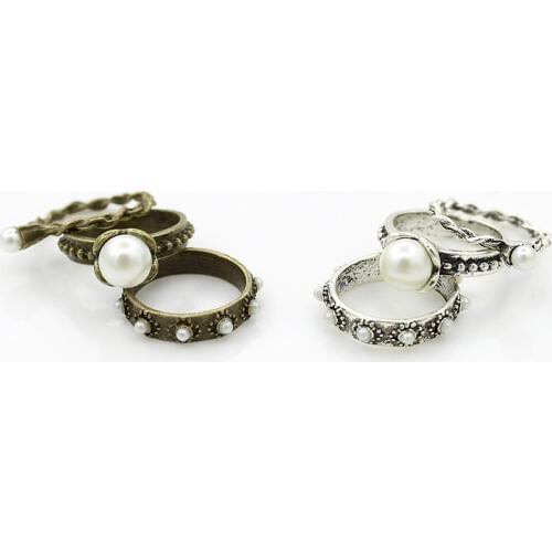 Retro Silver Plated & Bronze Small White Simulated Pearl Ball Rings for Women Fashion Vintage Ring 3 pcs/set
