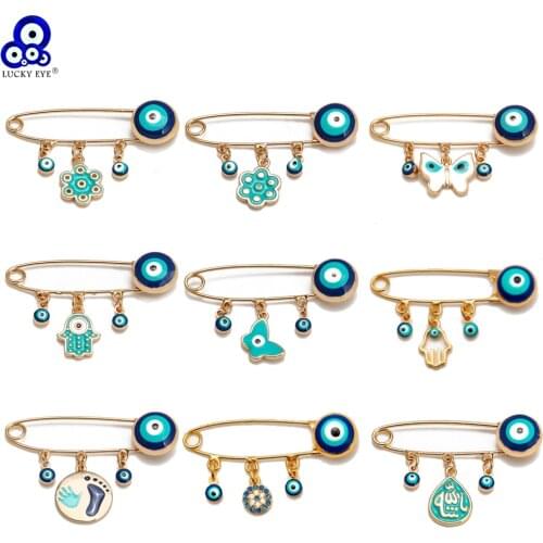Lucky Eye Butterfly Fatima Hand Blue Turkish Evil Eye Brooch Pin Gold Color Copper Brooch for Women Girls Fashion Jewelry BE229