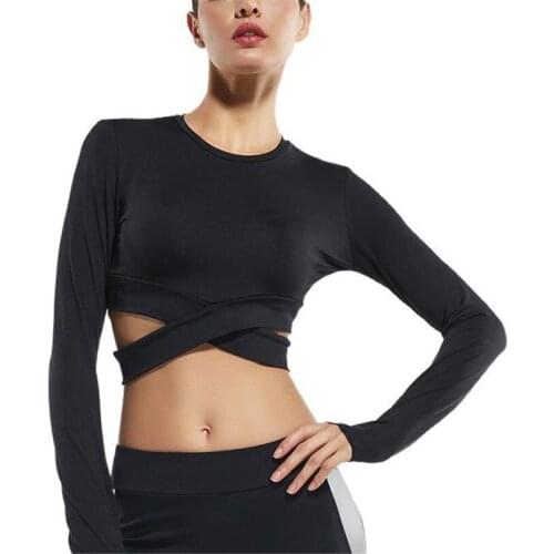CKAHSBI Sexy Yoga Shirts Bandage T Shirt Fashion Black Summer Crop Tops Blusa Women Long Sleeve Lace Up Ladies Black Gray Solid