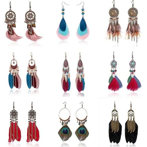 Bohemian Feather Drop Earrings Vintage Colorful Feather Long Tassel Ethnic Dangle Earrings for Women Beach Wedding Party Jewelry