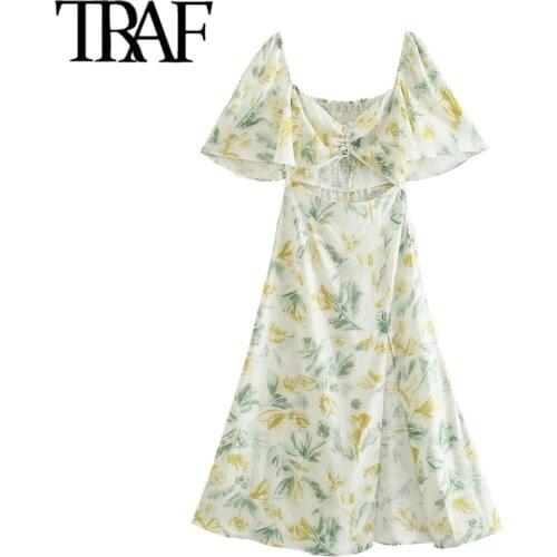TRAF Women Fashion Hollow Out Floral Print Front Slit Midi Dress Vintage Puff Sleeve Back Elastic Female Dresses Mujer