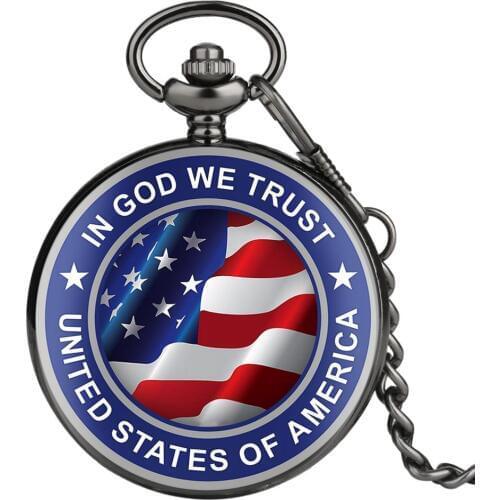 IN GOD WE TRUST Print Striped American Flag Pocket Watch Stars United States of America Necklace Chain Souvenir Jewelry Watches