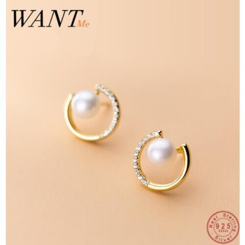 WANTME New Arrival Real 925 Sterling Silver Geometry Letter C Baroque Pearl Stud Earrings for Women Charming Party Jewelry Gift