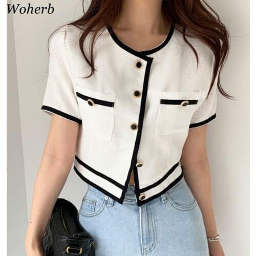 Woherb 2021 Summer Short Sleeve O-Neck Single Breasted Women Trend Coat Feminino Chic Button Loose Short Casual Ladies Jacket