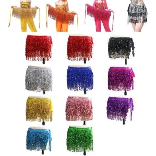 Women Sequin Tassel Lace-up Sexy Wrap Mini Skirt Belly Dance Glitter Hip Scarf