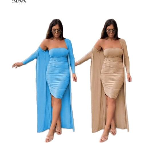Autumn Winter Women Set Sleeveless Strapless Dress+ Long Cape Solid Two Piece Suit Tracksuits Night Club Bandage Outfits C2037