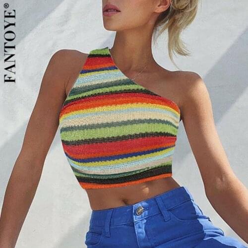 Fantoye Striped Sexy One-shoulder Women Tank Top Slim Sleeveless Knitted Bodycon Tank Tops Ladies Summer Skinny Streetwear Tops