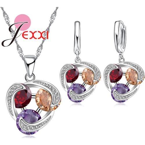 3 Color Crystal Jewelry Set For Female Girls 925 Sterling Silver Pendant Necklaces Earrings Set Women Wedding Accessorie