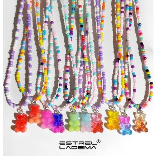 Korean Colorful Gummy Bear Resin Beads Choker Necklace For Women Fashion Handmade Rainbow Seed Beaded Necklaces Y2K Jewelry New
