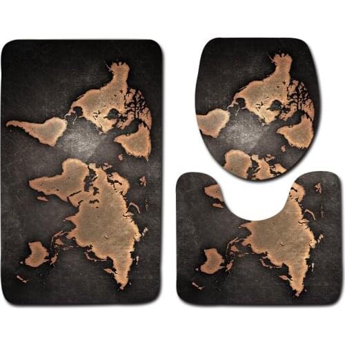 3pcs/set Vintage Map Print Anti-slip Bathroom Floor Mat Home Decor Shower Velvet Toilet Cover Bath Door Carpet Mats and Rugs Set