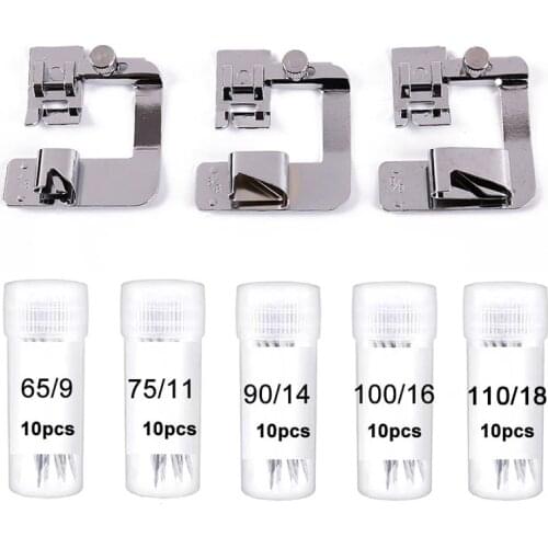 Sewing Machine Accessories 3Pcs Foot Presser Press Feet Set with 50Pcs Household Sewing Machine Needle 9/11/14/16/18