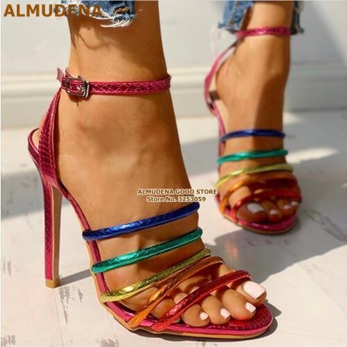 ALMUDENA Multi-Snakeskin Thin Strappy Sandals Stiletto Heels Red Blue Green Python Dress Pumps Color Patchwork Party Shoes Pumps