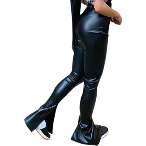 Faux Leather Pants Women Sexy Side Slit Flare Pants High Waist Bell-bottom Trousers Casual Streetwear pantalones de mujer
