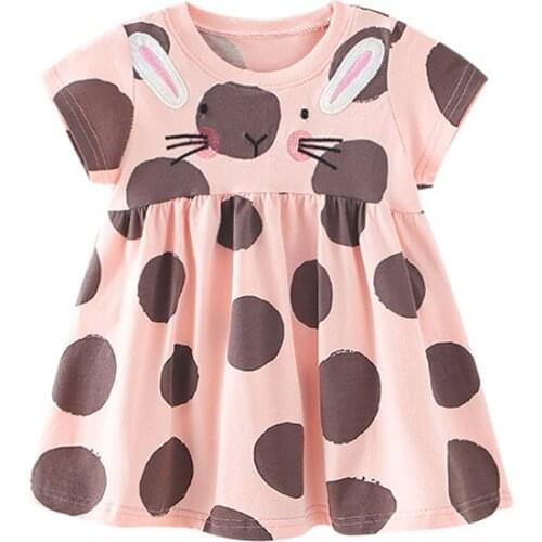 27kids Fashion Breathable Girls with Rabbit Pattern Cotton Kids Summer Short Sleeve Dress for Casual Skirt 2-7Years