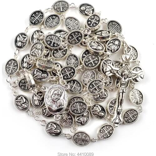 JERUSALEM Rosary Necklace Oval Alloy Beads Catholic Rosary For Man