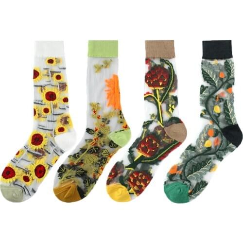 Creative Harajuku New Product Crystal Silk Tide Socks Funny Sunflowers Vines Flowers Happy Women Socks Casual High Quality Sox
