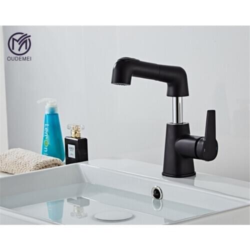 Brass Chrome Deck Mounted Single Handle Hot and Cold Pull Out Faucets Bathroom Fixture Black Basin Faucet