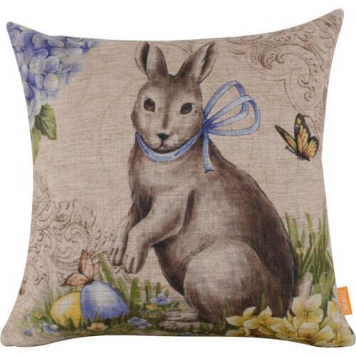 LINKWELL 45x45cm Modern Happy Easter Cute Bunny Rabbit Burlap Decorative Cushion Covers Throw Pillowcase for Seasonal Decoration