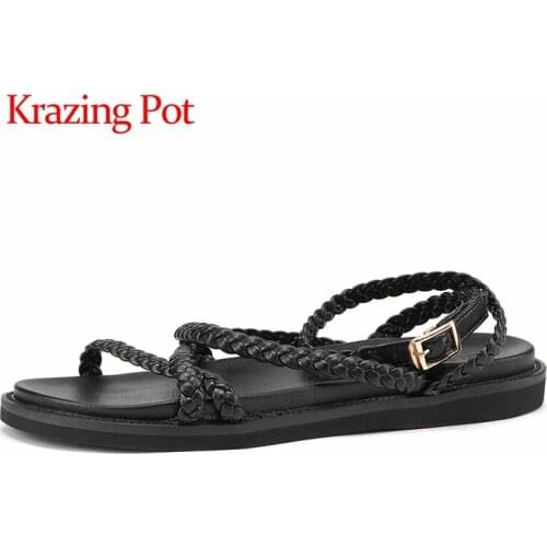Krazing pot peep toe low heel genuine leather simple style high street fashion young lady mules buckle straps summer sandals L02