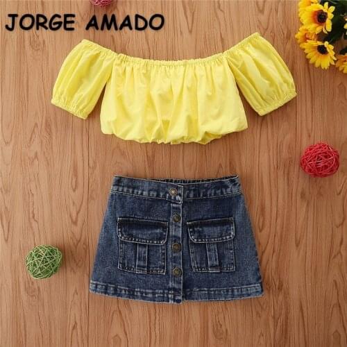 2021 New Summer Baby Girls 2-pcs Sets Yellow Short Puff Sleeves Shoulderless T-shirt + Denim Skirt Newborn Cute Clothes E1089