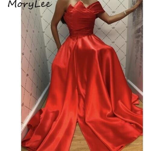 Prom Dresses Red One Shoulder A-Line Side Slit High Quality Satin Pleated Prom Dresses Zipper Back vestidos de fiesta de noche