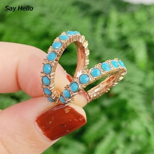 SAY HELLO Metal Crtstals Turquoises Inlaid Small Circle Hoop Earrings for Women New Jewelry Boucle D'oreille Femme Brincos K5544
