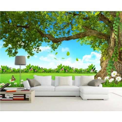 Modern small fresh blue sky green space heavenly big tree beautiful scenery TV background wallpaper mural
