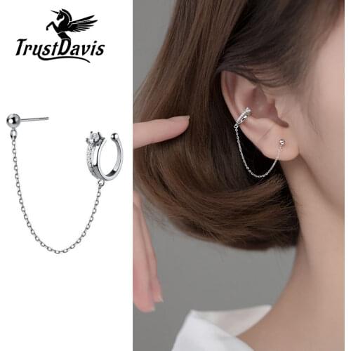 TrustDavis Genuine Fashion 925 Sterling Silver Beads CZ Chain Clip Stud Earrings For Women Wedding Party Fine Jewelry DB1155