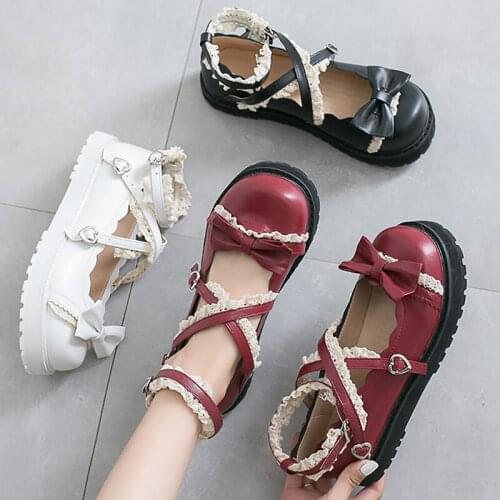New Lolita Shoes Women Japanese Bow White Platform Shoes Lovely Kawaii Cosplay Shoes Round Head Thick Heel Lolita Sneakers Women