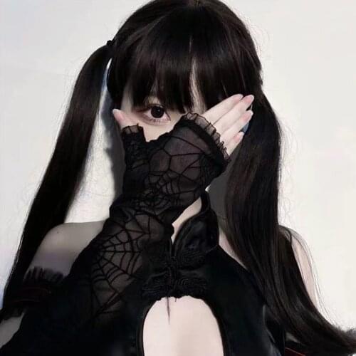 Harajuku Vintage Cosplay Dark Spider Web Style Gothic Fingerless Lace Half Finger Length Gloves Mesh Mittens Streetwear