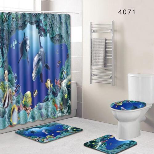Ocean Dolphin Deep Sea Polyester Shower Curtain Bathroom Waterproof with 10 Hooks Pedestal Rug Lid Toilet Cover Bath Mat Set