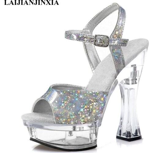 Girls High Platform 14cm Sandals Square Heels Open Toe Pole Dance Shoes Women Sexy Pole Dance Party Gothic Models Sexy Shoes