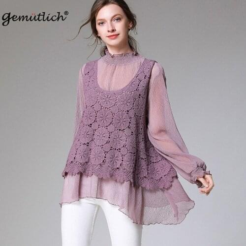 GEMUTLICH Women Big Size Chiffon Patchwork Blouse Fake Two Pieces Shirt Hollow Out Ruffles Top New Fashion