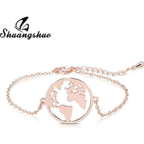 Shuangshuo Punk World Map Stainless Steel Bracelets For Women Map Pendant Beach Jewelry Earth Day Christmas Gifts Accessories
