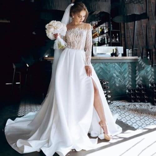 Elegant Long Sleeves Wedding Dresses Satin Side Split Lace Court Train Bridal Gowns Button White Vestido De Novia Custom Made