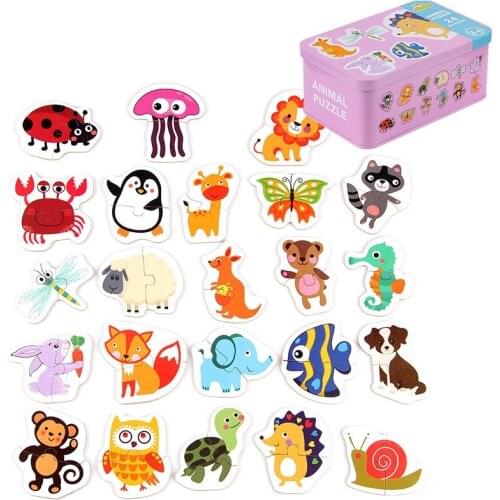 1Set Cartoon Puzzle Animal Wooden Jigsaw Toy Early Learning Educational Intelligence Game Cute Fruit Cars Series Iron Box Puzzle