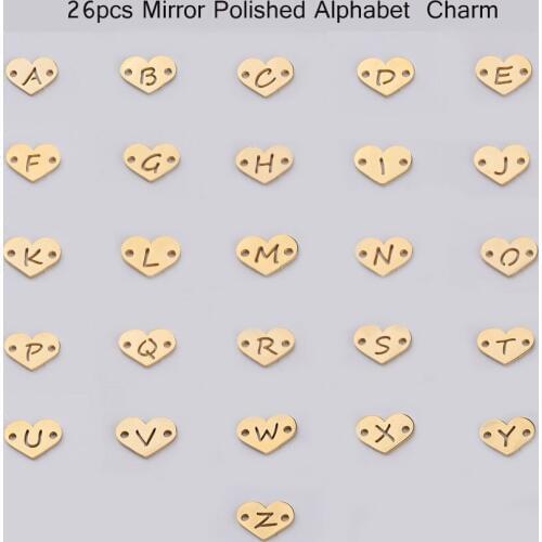 26pcs 1.2*12mm Gold Tone 26 English alphabet Charms Love Heart Charms for Jewelry Accessories Connector Charms DIY
