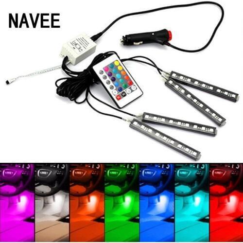 4Pcs Car Interior Floor Decorative RGB LED DRL Strip Light Colors Car Interior Decorative Atmosphere Lamp Car Styling W/Remote