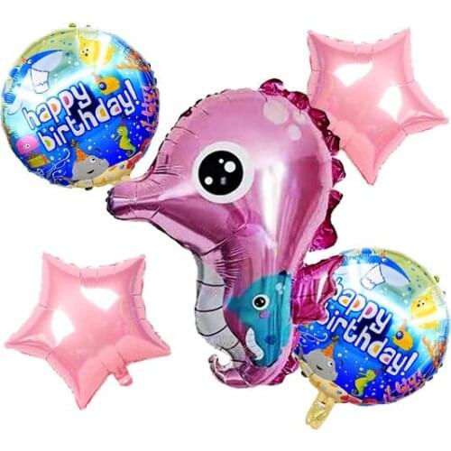 5 pcs Ocean Animals Hippocampus Balloons Mylar Foil Photo Prop Cartoon Balloons Aluminum Mylar Sea Party Balloons Cute Seahorse
