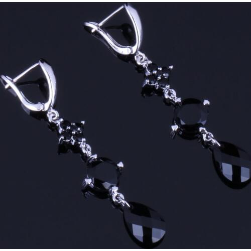 Shining Water Drop Black Cubic Zirconia Silver Plated Drop Dangle Earrings V0825