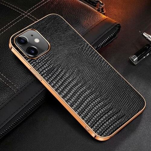 Lizard Genuine Cow Leather Back Cover For iPhone 12 Pro Max Mini 11 Pro Max X XR XS Max Electroplated Soft Silicone Frame Case