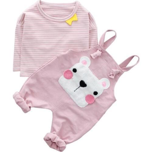 DFXD 2018 Spring Baby Clothing Set High Quality Newborn Girls Boys Striped Long Sleeve Cotton T-shirt+Cartoon Overall 2pcs Suit
